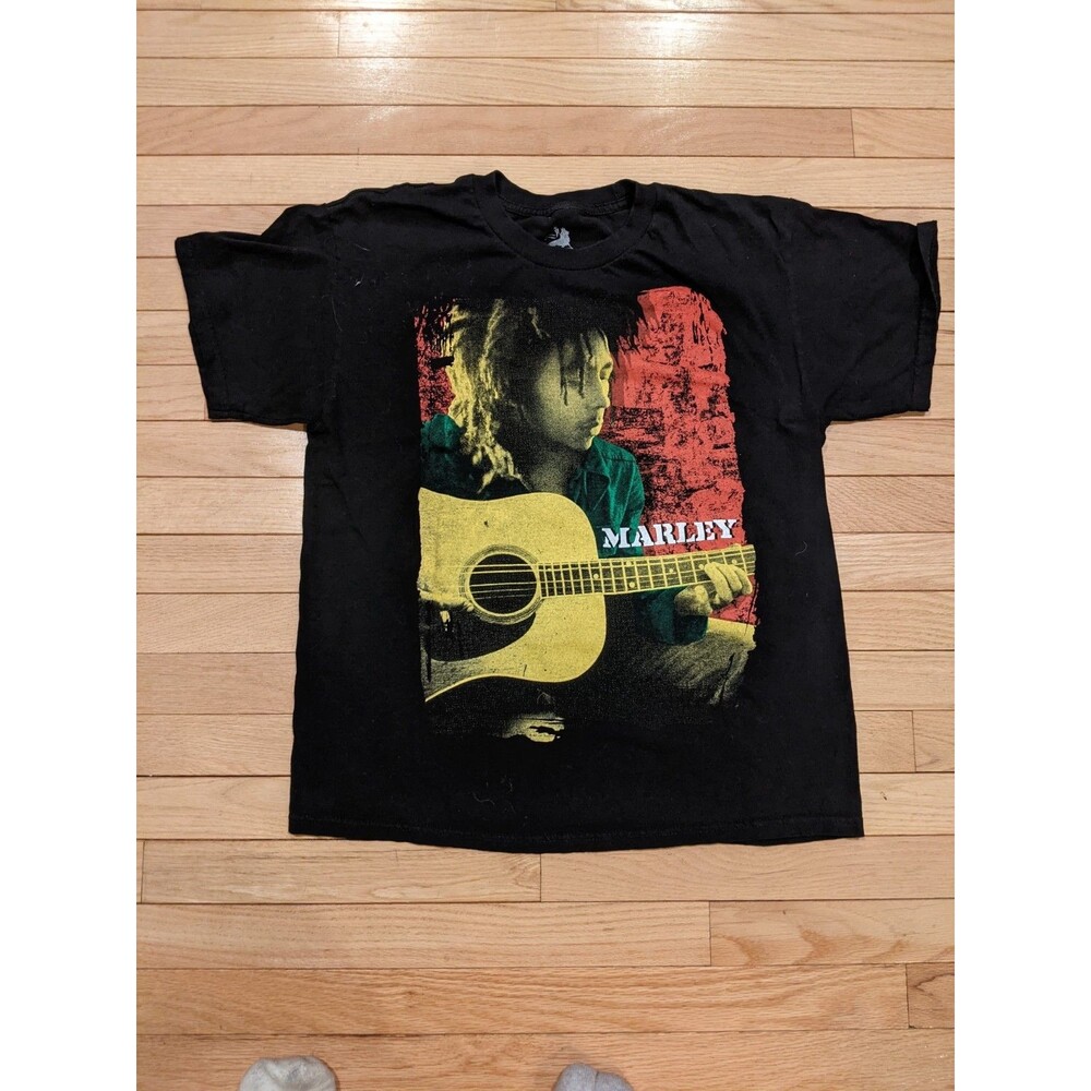Bob Marley T Shirt Mens L Black Zion Rootswear Acoustic Guitar Rasta Graphic Tee
